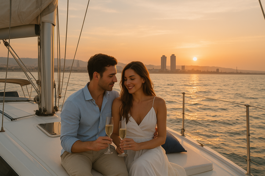 Pareja disfrutando de un paseo romántico en yate al atardecer en Barcelona con copas de champán.