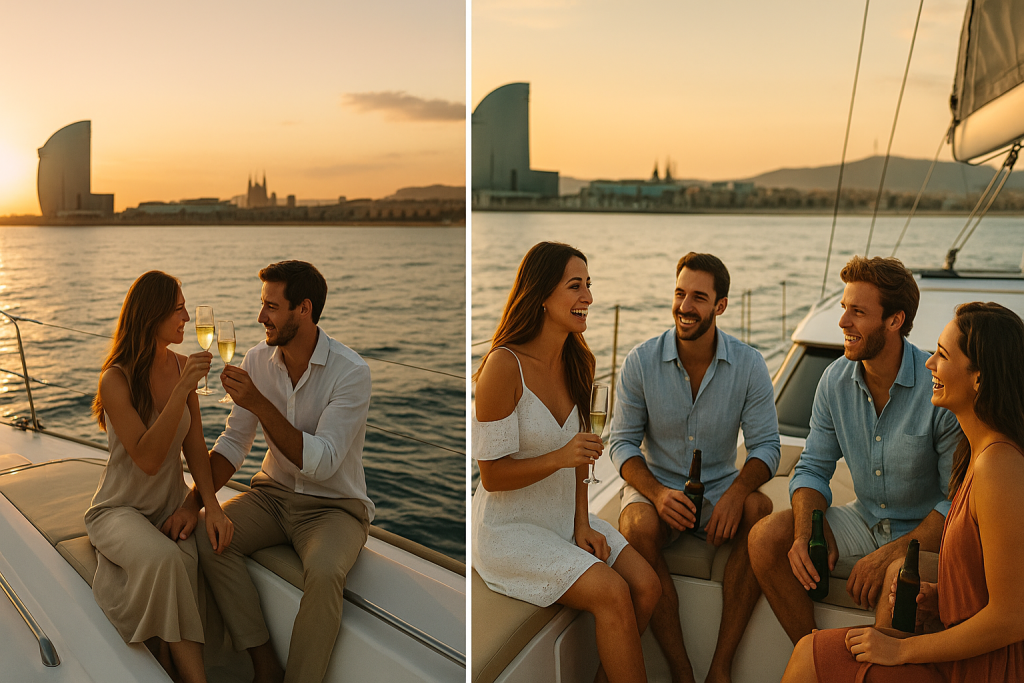 Couple and friends enjoying a private yacht charter in Barcelona at sunset with skyline views.