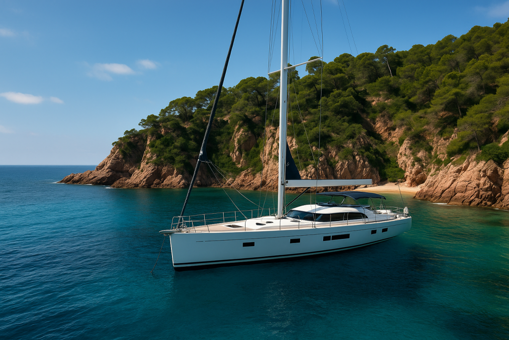 Luxury Italian sailboat anchored in a secluded Barcelona cove with turquoise water and cliffs in the background.