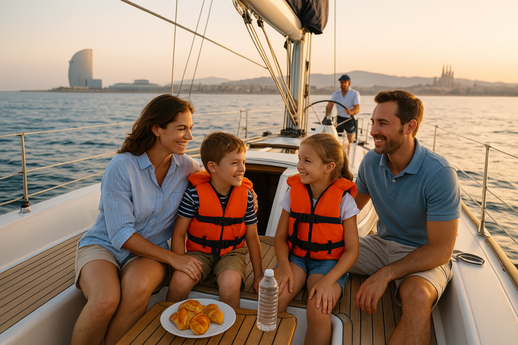 Family sailing in Barcelona on a private yacht at sunset, with children wearing life jackets and parents enjoying the sea views.