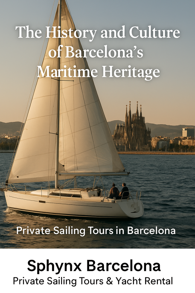 Luxury sailing yacht near Port Vell Barcelona at sunset, with Sagrada Família in the background, part of Sphynx Barcelona Private Sailing Tours & Yacht Rental.