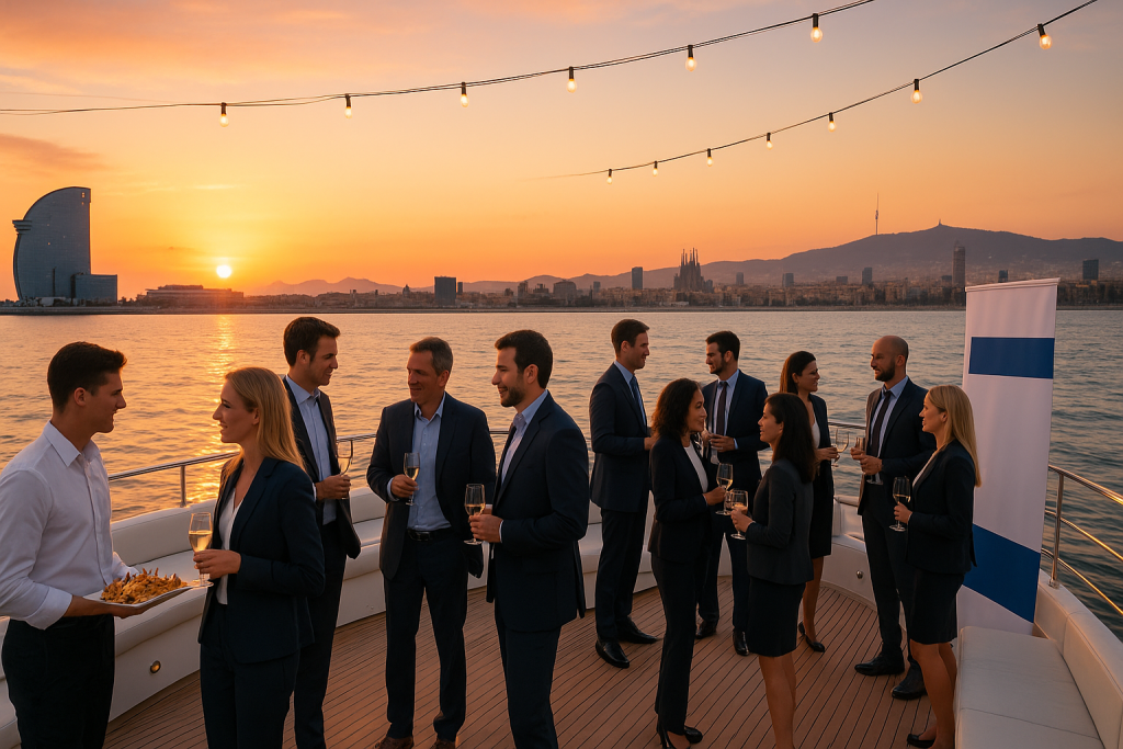 Corporate event on a private yacht in Barcelona at sunset with business professionals networking on deck.