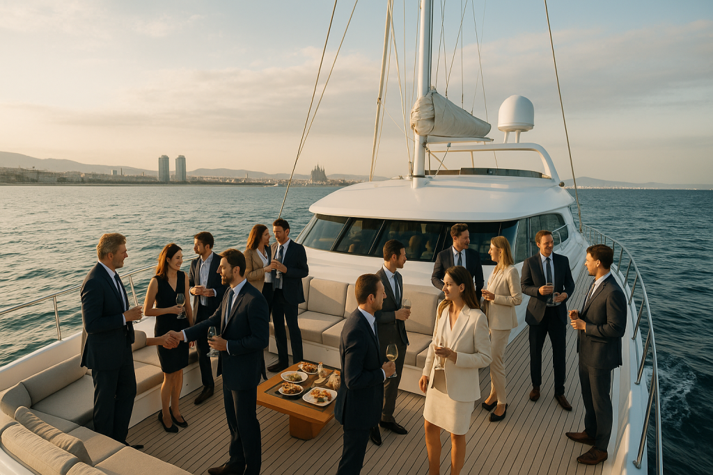 Corporate event on a luxury private yacht in Barcelona, with professionals networking on deck, enjoying drinks and appetizers, against the Barcelona coastline.