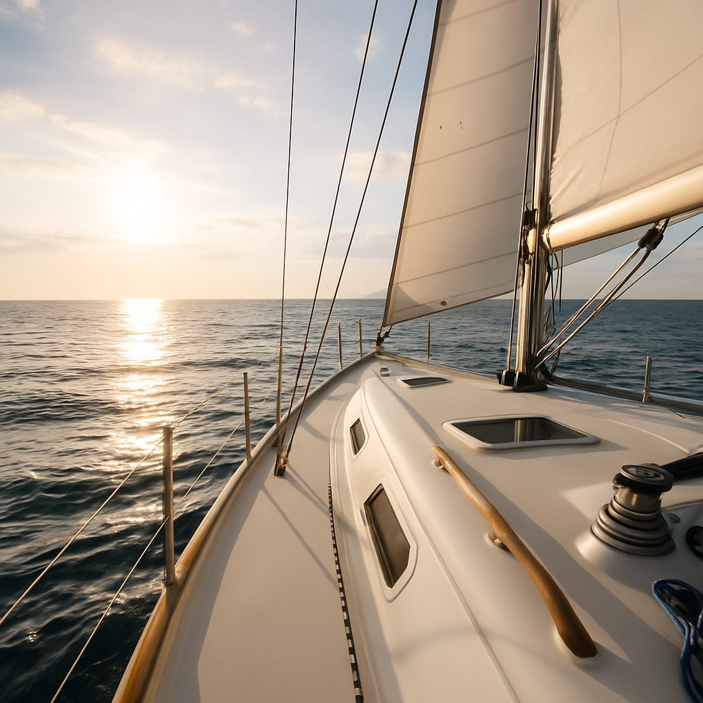 Luxury sailing yacht on calm Mediterranean waters near Barcelona with clear skies and no people onboard.