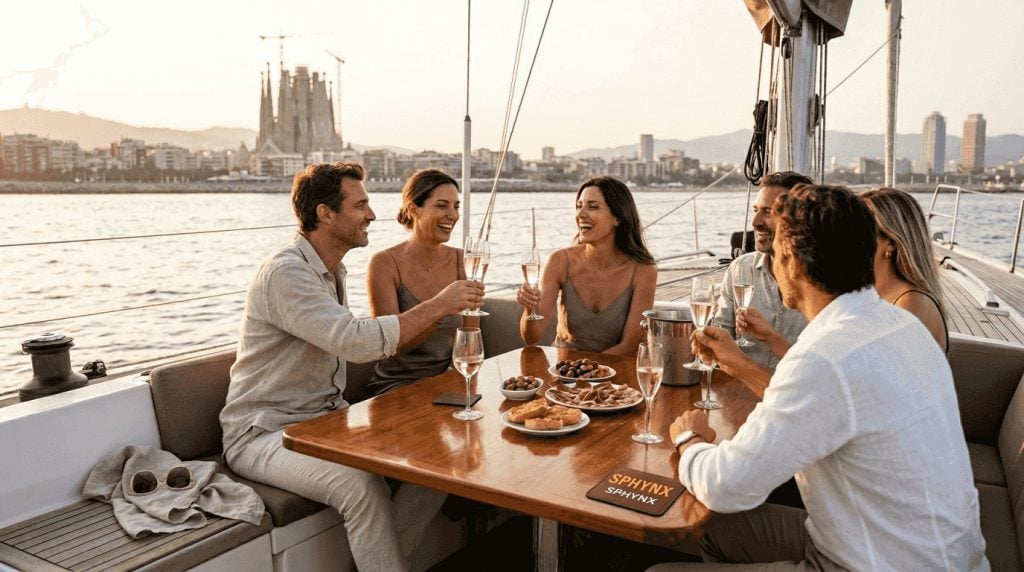 Guests relaxing on Barcelona luxury yacht at sunset