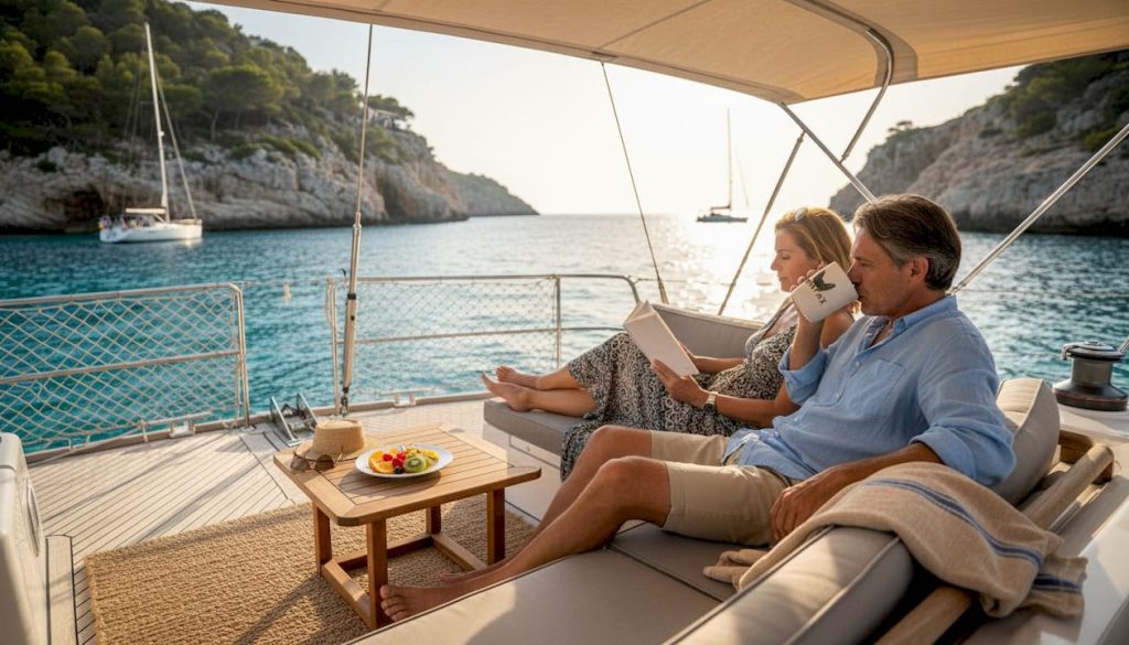 Couple relaxing on Mediterranean sailing yacht deck